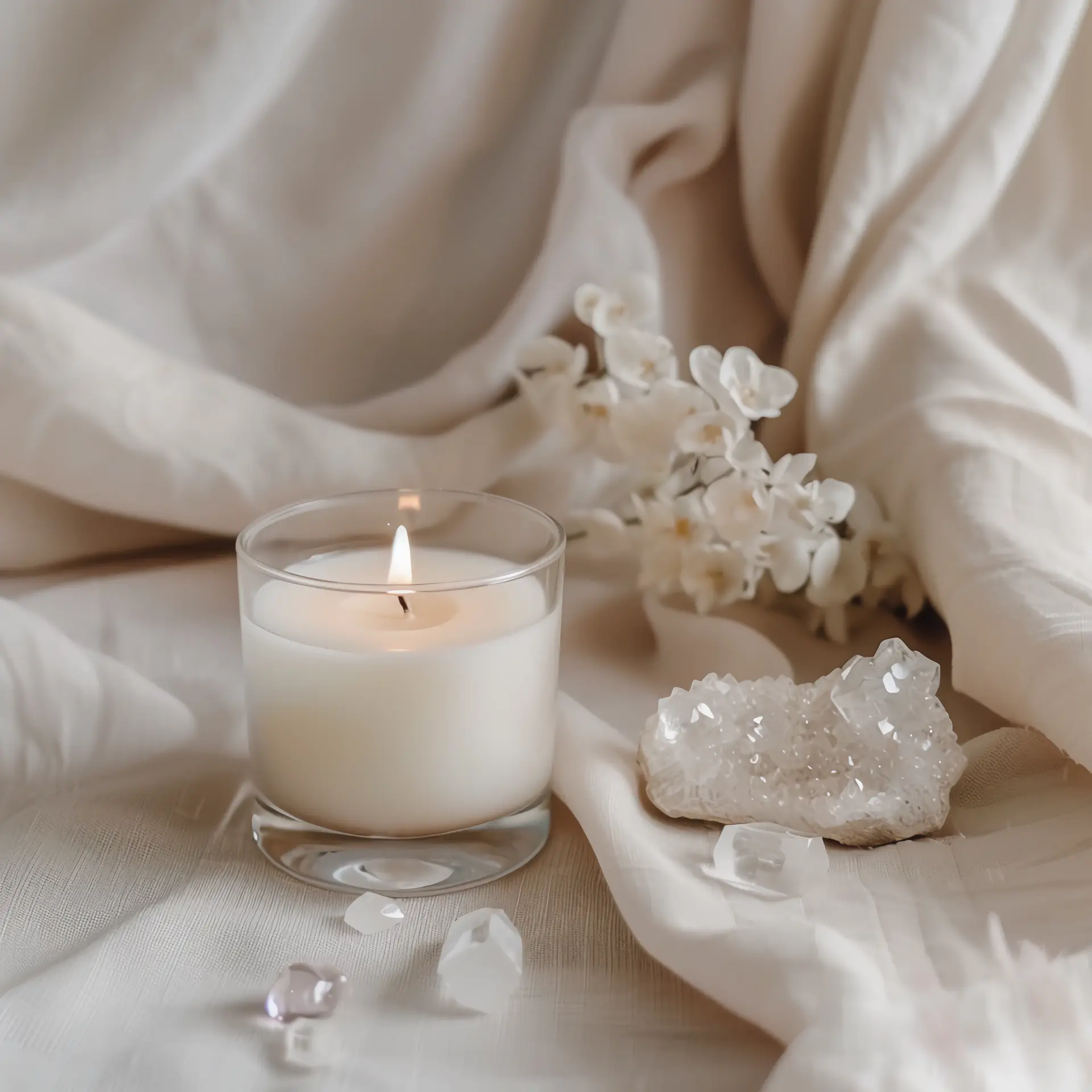 A lit candle beside clear quartz crystals and soft white blossoms on draped linen